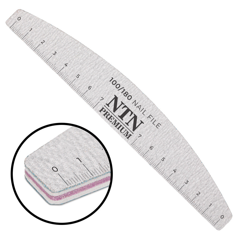 NTN Premium 100/180 grit veneenmuotoinen kynsiviila viivoittimella ja rakennekerroksen lähikuva