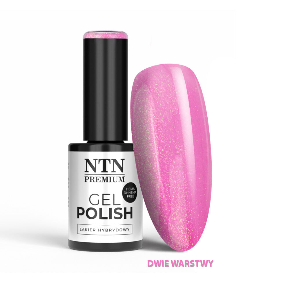 NTN Premium geelilakka 5 g sävy 285, HEMA/Di-HEMA-vapaa pinkki glittergeelilakka ja kahden kerroksen värimalli.
