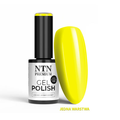 NTN Premium geelilakka 5 g sävy 370 Neon Yellow, pullo ja kirkkaankeltainen värinäyte.