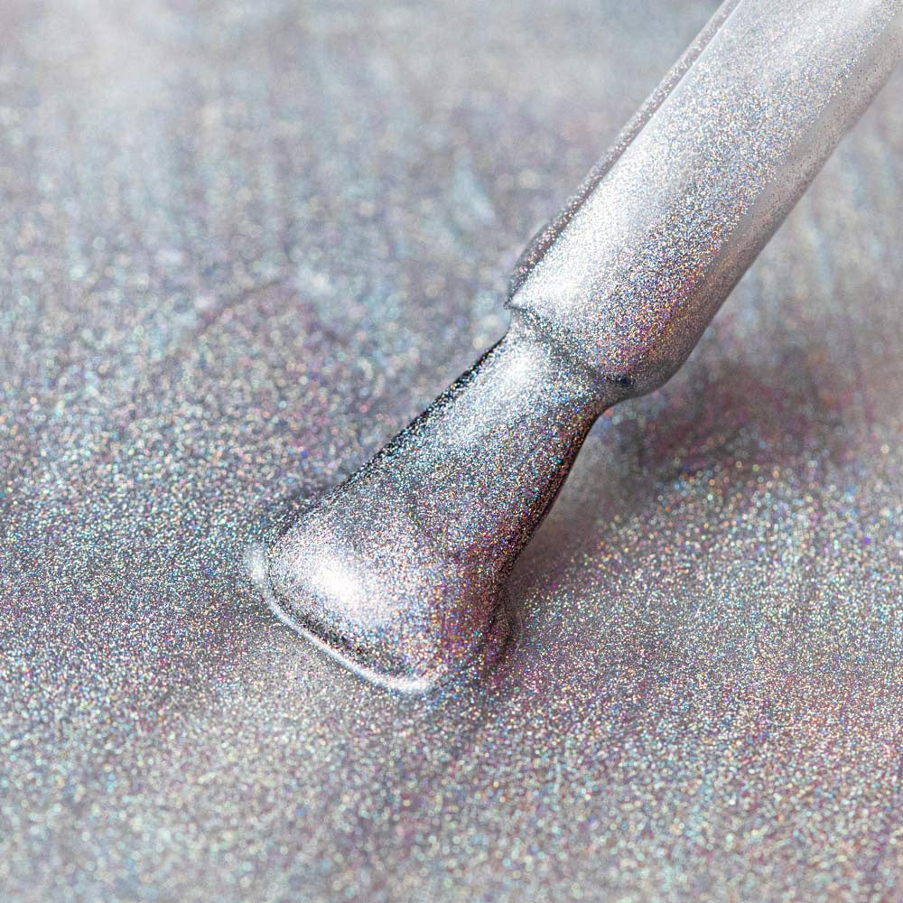 AlleLac Unicorn No-Wipe Glitter Top Coat 7 g holografinen glitterpäällysgeeli lähikuvassa, hopeinen sateenkaaren kimallus