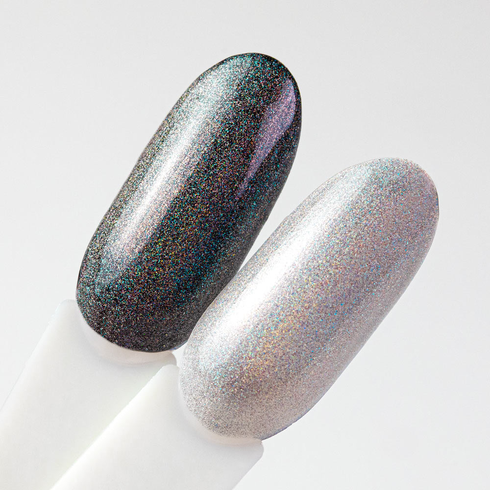 AlleLac Unicorn holografinen glitterpäällysgeeli mustan ja vaalean geelilakan päällä