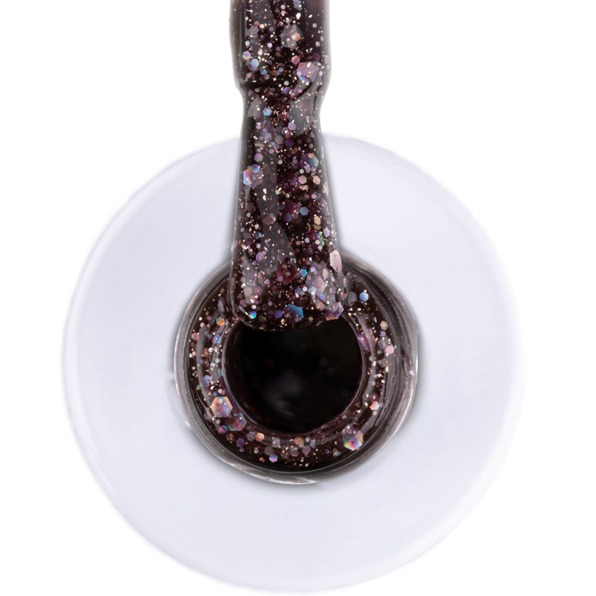 AlleLac 53 glitter-geelilakka siveltimessä, tumma violetti värigeeli ja erikokoiset moniväriset glitterhiukkaset