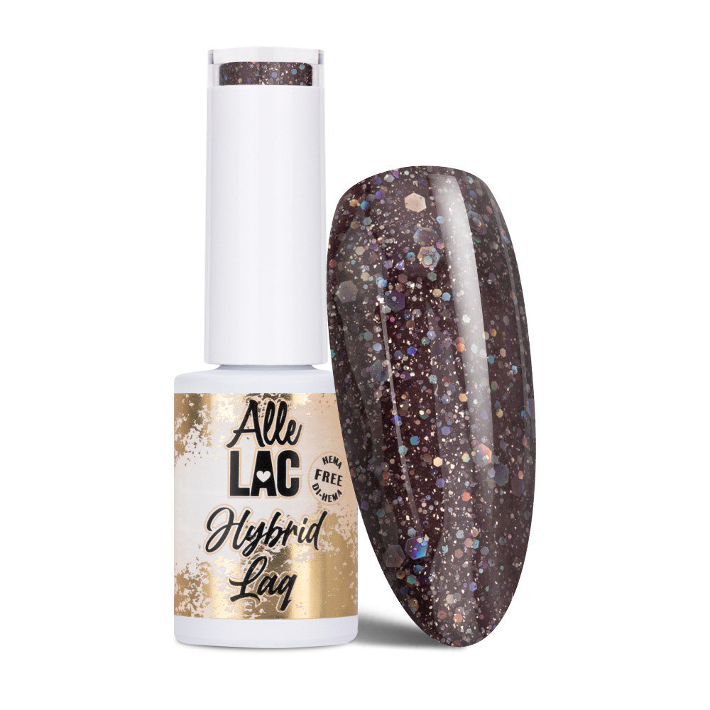AlleLac Hybrid Lac 53 geelilakka 5 g, luumunvioletti glitterkynsi ja valkoinen tuotepullo