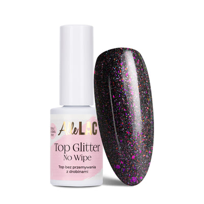AlleLac Diva No Wipe Glitter Top Coat 7 g glitterpäällysgeeli pullossa ja mustalla pohjalla kimaltelevassa kynsimallissa.