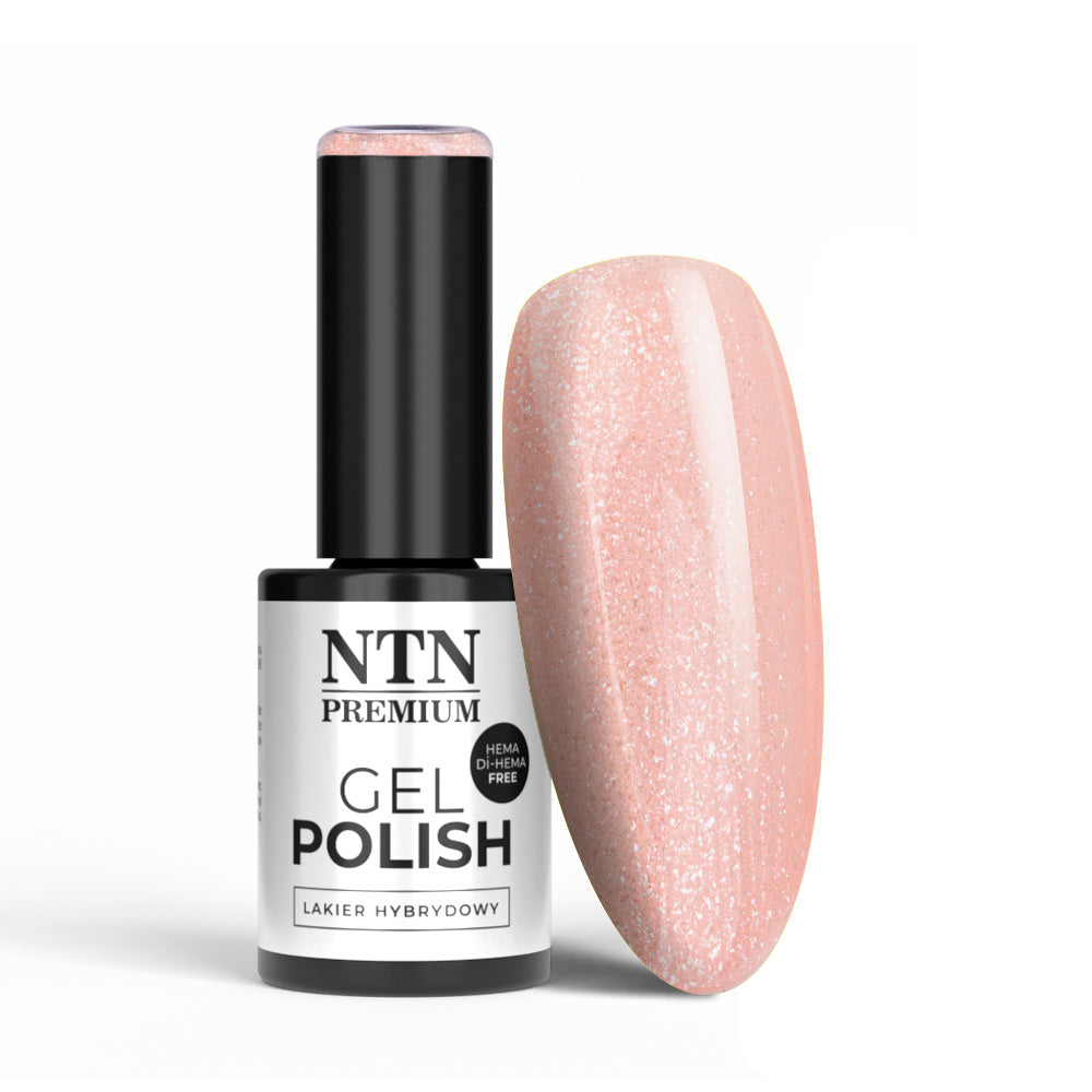 NTN Premium 63 HEMA/Di-HEMA-vapaa vaaleanpunainen glittergeelilakka 5 g ja kimaltava kynsimalli.