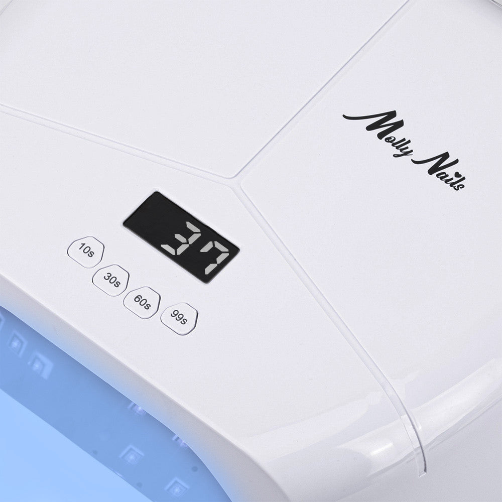 Lähikuva Molly Nails BQ-L8 kynsiuunista, 72 LED/UV-diodia ja digitaalinen ajastin.