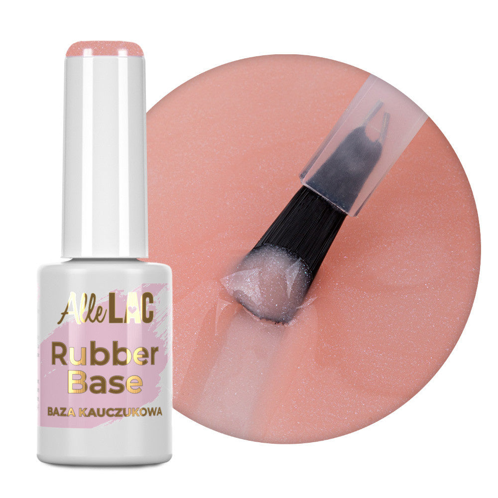 AlleLac Rubber Base Peach Bling 7 g -tuotepullo ja persikanroosa kimaltava alusgeeli.