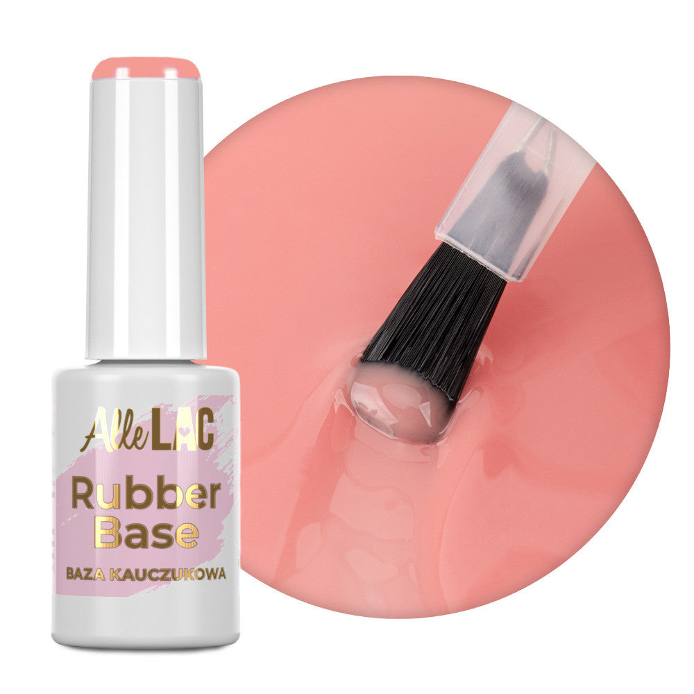 AlleLac Rubber Base 9 Vibrant Coral 7 g – korallinpinkki sävytetty alusgeelilakka ja koostumuksen lähikuva