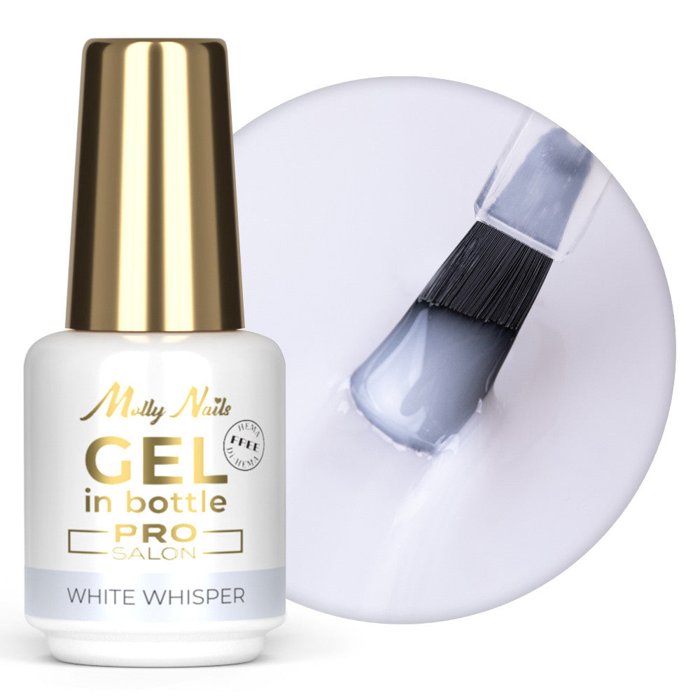 Gel In Bottle rakennegeeli Molly Nails White Whisper 15 g – yksivaiheinen rakennegeeli kätevässä pullossa siveltimellä.