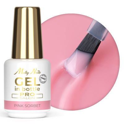 Gel In Bottle rakennegeeli Molly Nails Pink Sorbet 15 g – yksivaiheinen rakennegeeli pullossa siveltimellä.