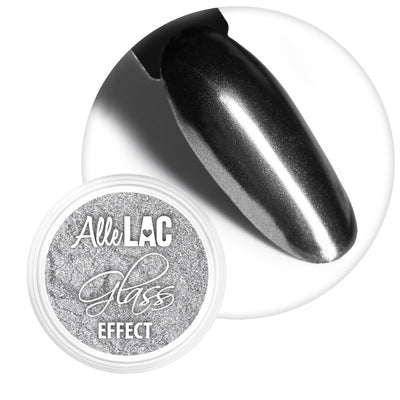 AlleLac Silver No. 2 -lasiefektipuuteri ja hopeinen metallinhohtoinen kynsimalli.