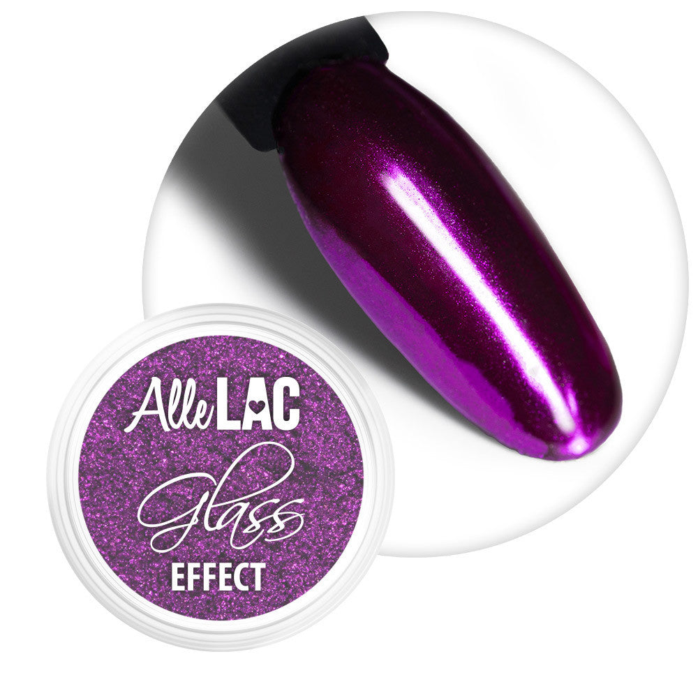 AlleLac Glass Effect Purple No. 7 -peilipuuteri sekä kiiltävä purppuranvioletti metallinhohtoinen kynsimalli