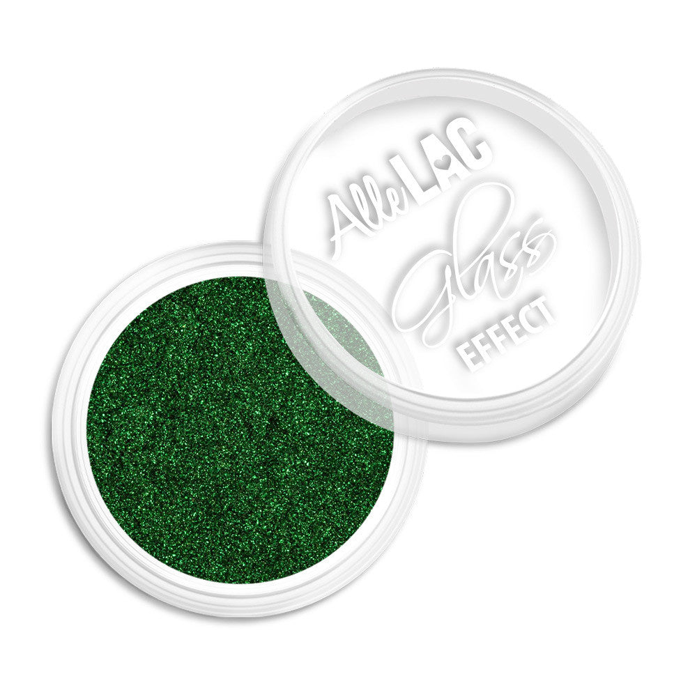 AlleLac Glass Effect Green No. 9 0,30 g – smaragdinvihreä lasiefektipeilipuuteri avoimessa purkissa