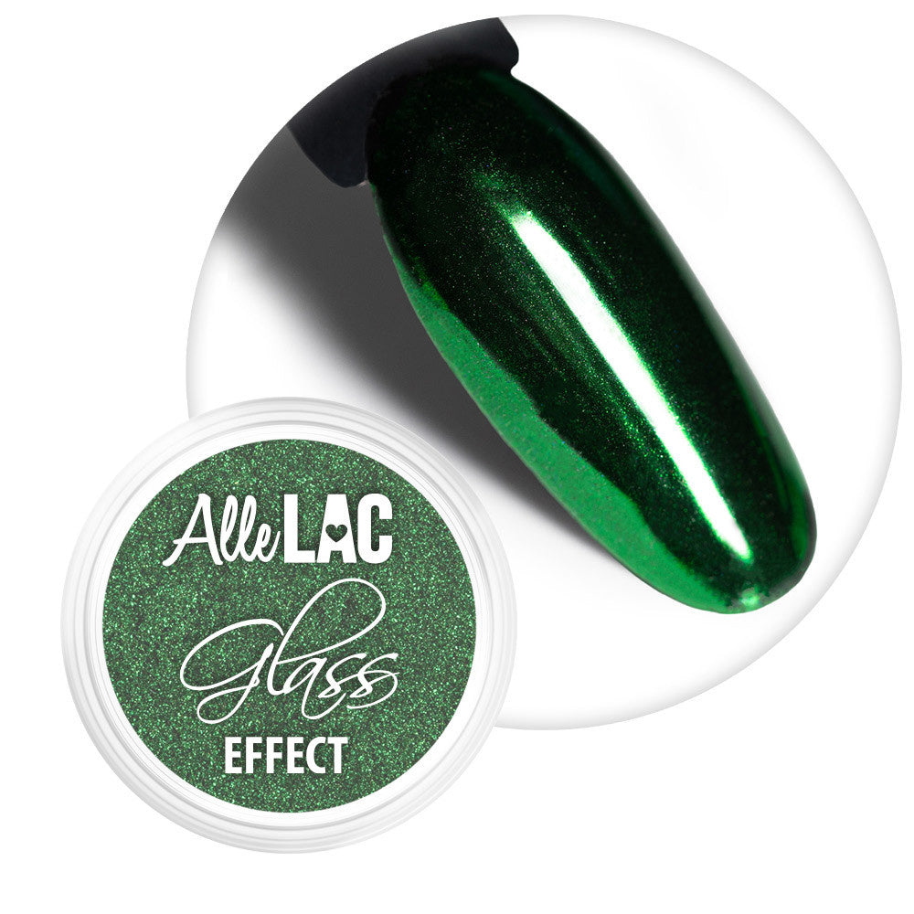 AlleLac Glass Effect Green No. 9 -peilipuuteri sekä kiiltävä tummanvihreä metallinhohtoinen kynsimalli