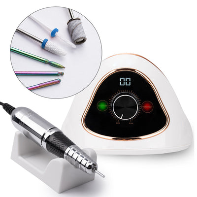 Kynsipora M15 68W LCD-näytöllä Valko-Kulta pöydällä, ergonominen kädensija ja hallintayksikkö näkyvissä