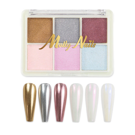 Glass Effect Molly Nails kynsikoristesetti 6 sävyllä: kulta, hopea, ruusukulta, helmiäisvaaleanpunainen, helmiäisvalkoinen ja jäinen sininen