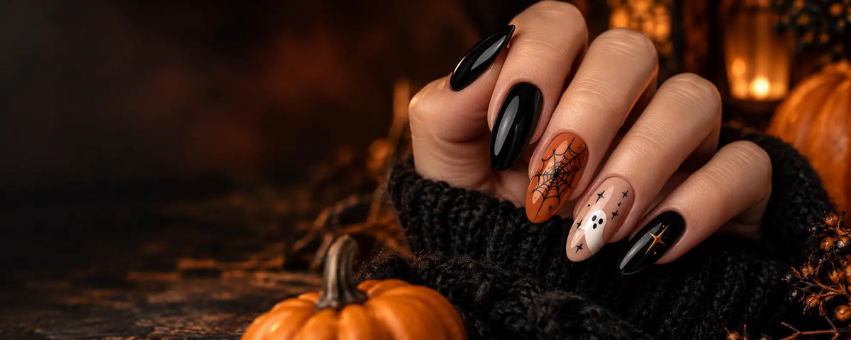 Halloween-kynnet mustan, oranssin ja nuden sävyissä, koristeina hämähäkinseitti ja haamu.
