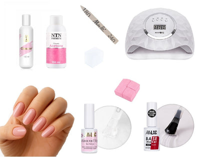 Geelilakkaus aloituspakkaus Start, jossa tehokas kynsiuuni, alus- ja päällysgeelilakka sekä kaikki tarvikkeet kotona tehtävään geelilakkaukseen.