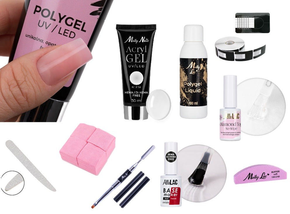 Polygel aloituspaketti – tuotteet esillä valkoisella taustalla