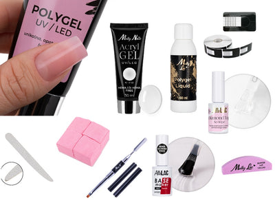 Polygel aloituspaketti – tuotteet esillä valkoisella taustalla