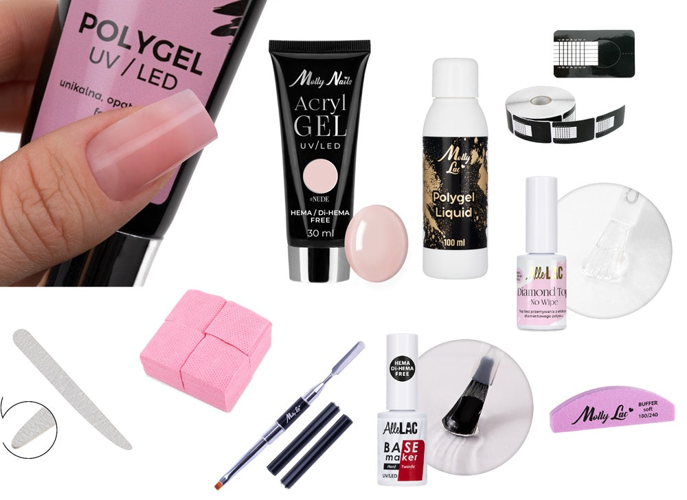 Polygel aloituspaketti Start – polygeelisetin tuotteet esillä järjestyksessä, sisältäen polygeelin, muotoilunesteen, siveltimen ja viilat.